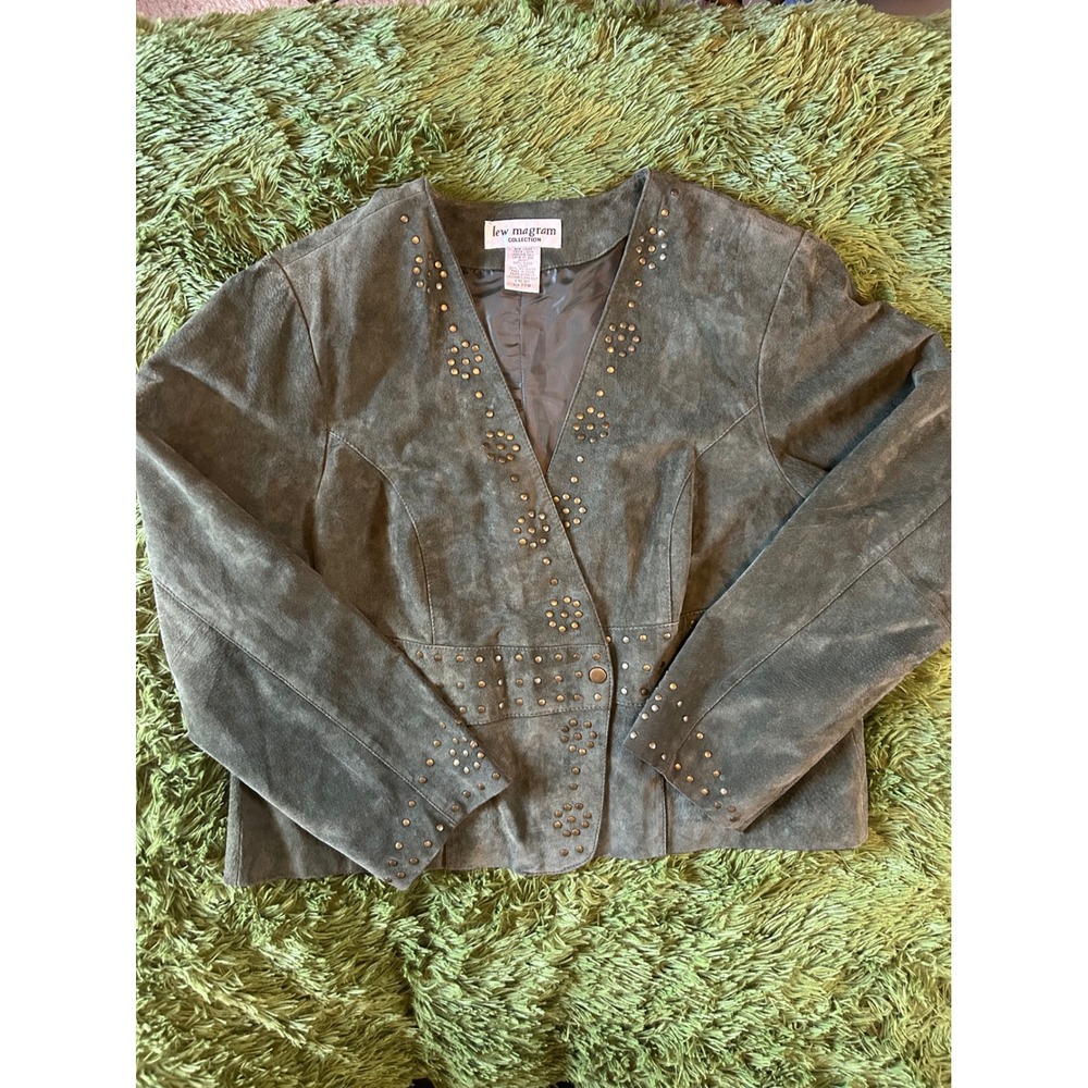 Lew Magram Jacket Women 22W Olive Studded Suede Leather Western Boho Blazer